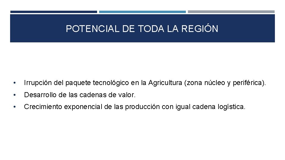 POTENCIAL DE TODA LA REGIÓN • Irrupción del paquete tecnológico en la Agricultura (zona