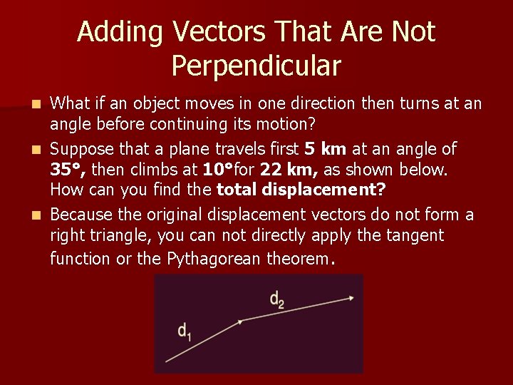Adding Vectors That Are Not Perpendicular What if an object moves in one direction