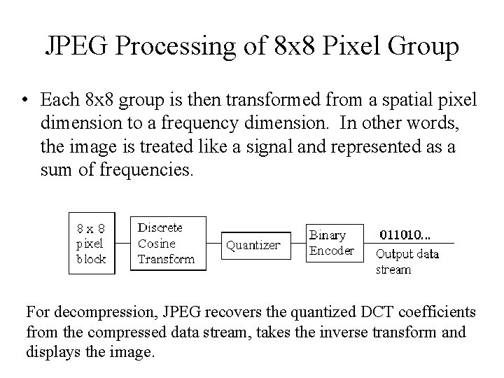 JPEG Processing of 8 x 8 Pixel Group • Each 8 x 8 group