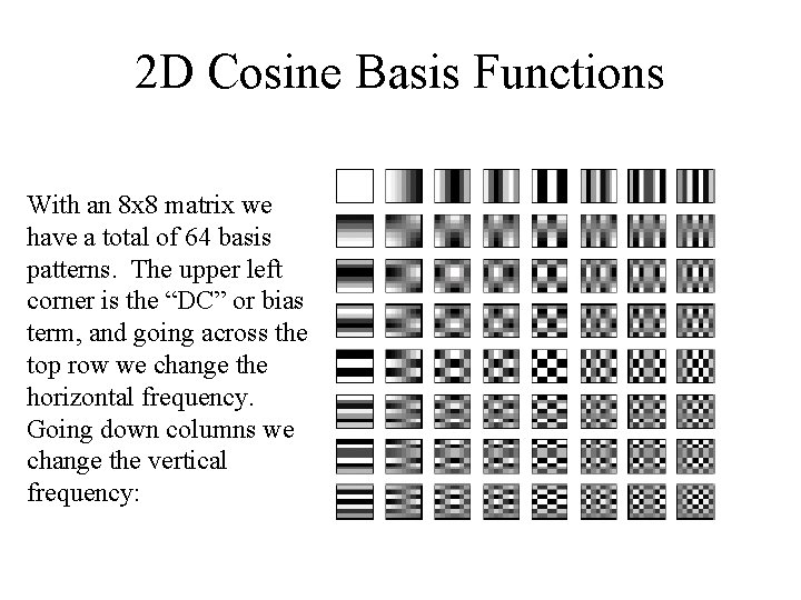 2 D Cosine Basis Functions With an 8 x 8 matrix we have a