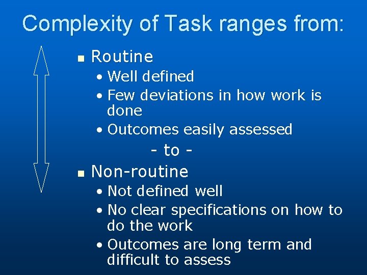 Complexity of Task ranges from: n Routine • Well defined • Few deviations in