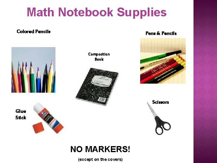 Math Notebook Supplies Colored Pencils Pens & Pencils Composition Book Scissors Glue Stick NO
