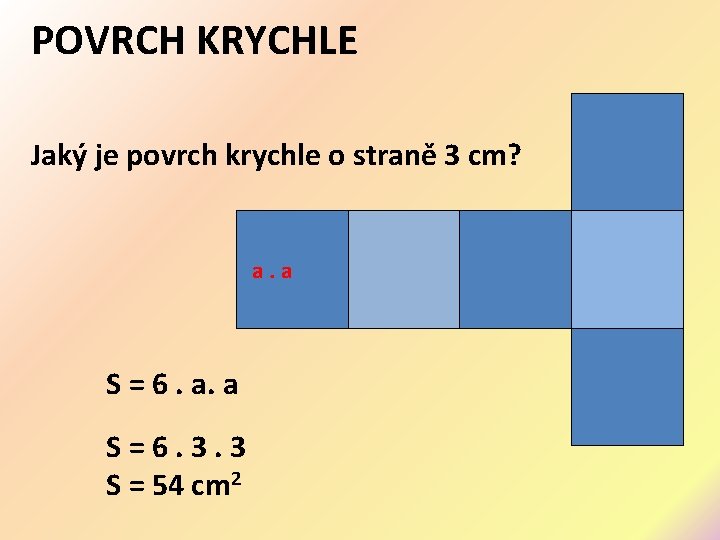 POVRCH KRYCHLE Jaký je povrch krychle o straně 3 cm? a. a S =