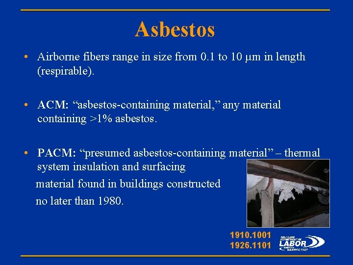Asbestos • Airborne fibers range in size from 0. 1 to 10 µm in