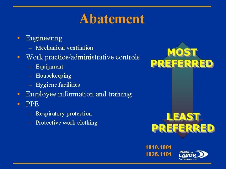 Abatement • Engineering – Mechanical ventilation • Work practice/administrative controls – Equipment – Housekeeping