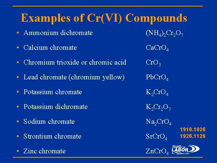 Examples of Cr(VI) Compounds • Ammonium dichromate (NH 4)2 Cr 2 O 7 •