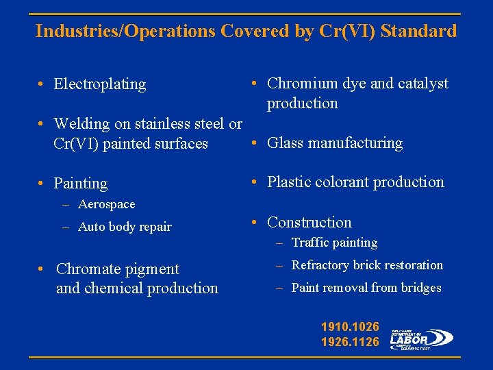 Industries/Operations Covered by Cr(VI) Standard • Electroplating • Chromium dye and catalyst production •