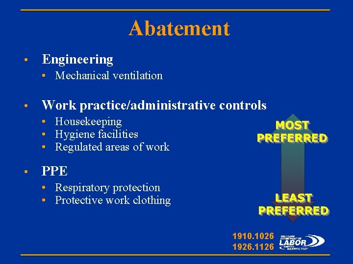 Abatement • Engineering • Mechanical ventilation • Work practice/administrative controls • Housekeeping • Hygiene