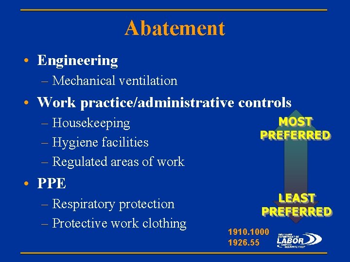 Abatement • Engineering – Mechanical ventilation • Work practice/administrative controls – Housekeeping – Hygiene