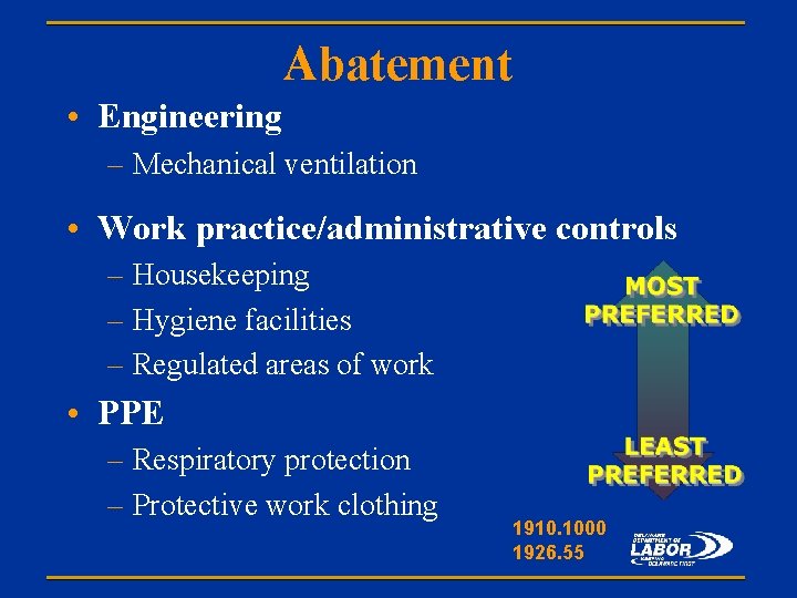 Abatement • Engineering – Mechanical ventilation • Work practice/administrative controls – Housekeeping – Hygiene