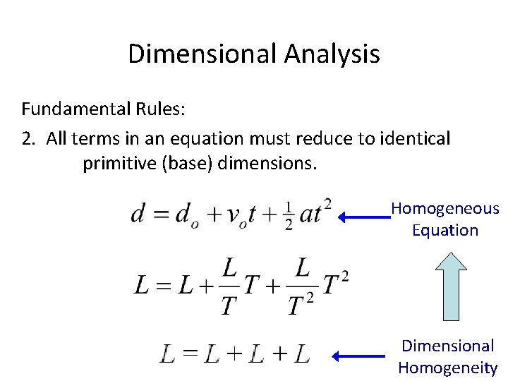 Dimensional Analysis Fundamental Rules: 2. All terms in an equation must reduce to identical