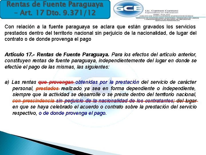 Rentas de Fuente Paraguaya – Art. 17 Dto. 9. 371/12 Con relación a la