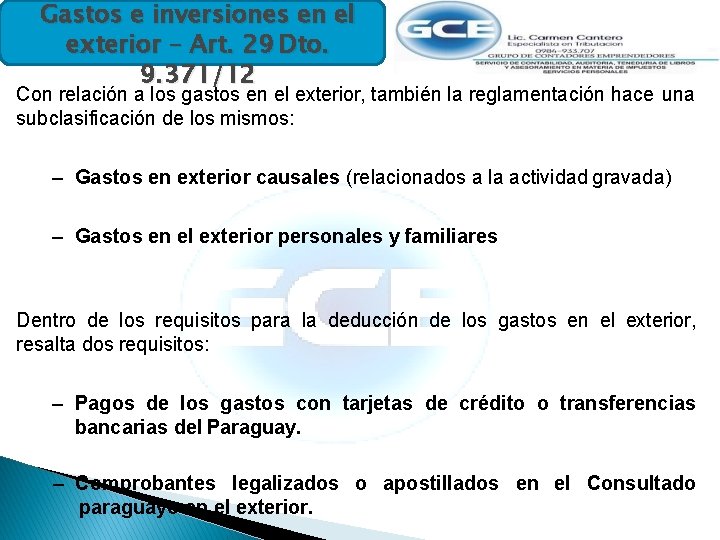 Gastos e inversiones en el exterior – Art. 29 Dto. 9. 371/12 Con relación