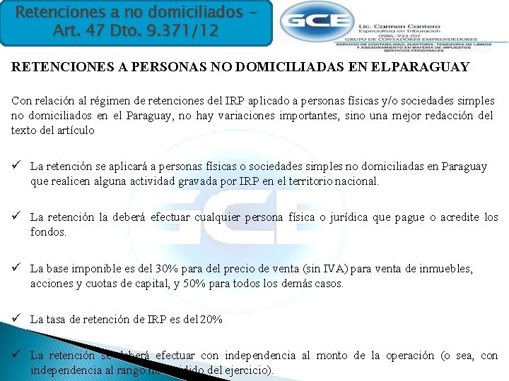 Retenciones a no domiciliados – Art. 47 Dto. 9. 371/12 RETENCIONES A PERSONAS NO