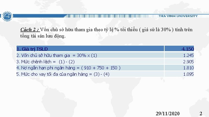 Cách 2 : Vốn chủ sở hữu tham gia theo tỷ lệ % tối