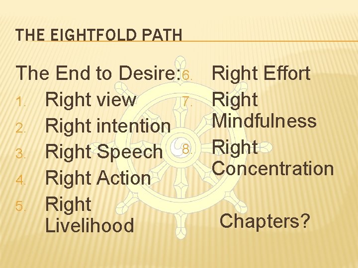 THE EIGHTFOLD PATH The End to Desire: 6. 7. 1. Right view 2. Right