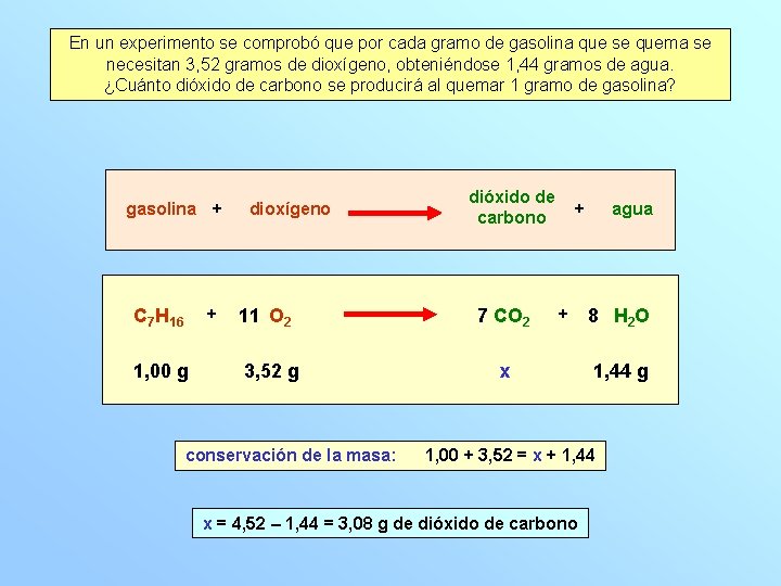 En un experimento se comprobó que por cada gramo de gasolina que se quema