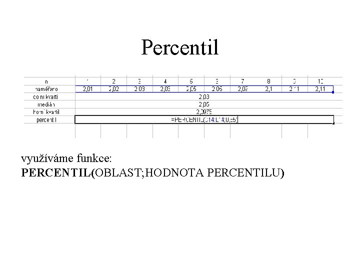 Percentil využíváme funkce: PERCENTIL(OBLAST; HODNOTA PERCENTILU) 