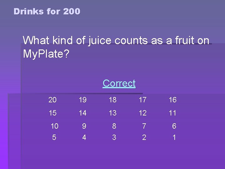 Drinks for 200 What kind of juice counts as a fruit on My. Plate? Drinks for 200 What kind of juice counts as a fruit on My. Plate?