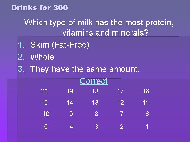 Drinks for 300 Which type of milk has the most protein, vitamins and minerals? Drinks for 300 Which type of milk has the most protein, vitamins and minerals?