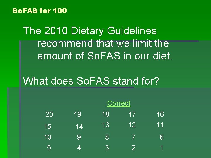 So. FAS for 100 The 2010 Dietary Guidelines recommend that we limit the amount So. FAS for 100 The 2010 Dietary Guidelines recommend that we limit the amount