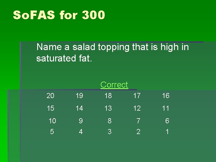 So. FAS for 300 Name a salad topping that is high in saturated fat. So. FAS for 300 Name a salad topping that is high in saturated fat.