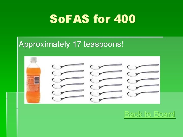 So. FAS for 400 Approximately 17 teaspoons! Back to Board So. FAS for 400 Approximately 17 teaspoons! Back to Board
