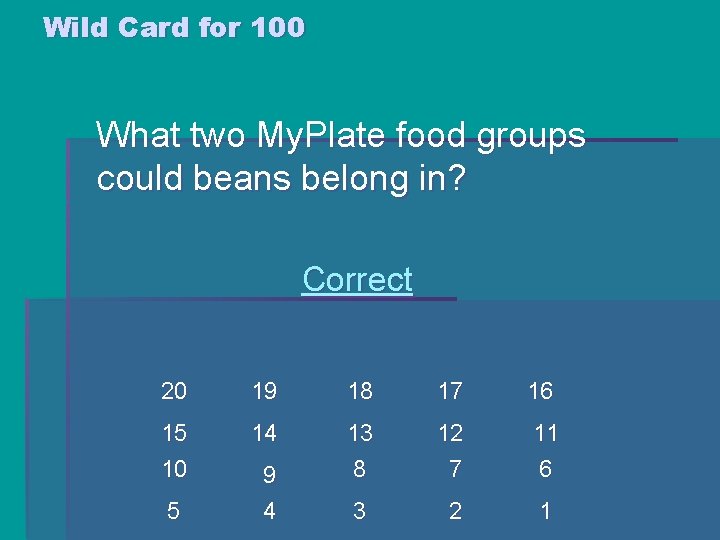 Wild Card for 100 What two My. Plate food groups could beans belong in? Wild Card for 100 What two My. Plate food groups could beans belong in?