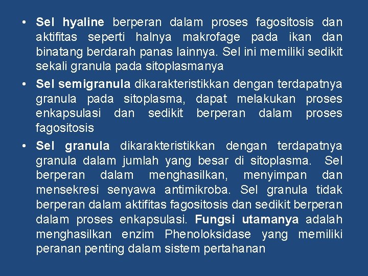  • Sel hyaline berperan dalam proses fagositosis dan aktifitas seperti halnya makrofage pada