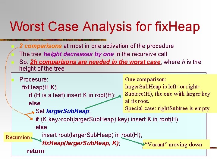 Worst Case Analysis for fix. Heap n n n 2 comparisons at most in