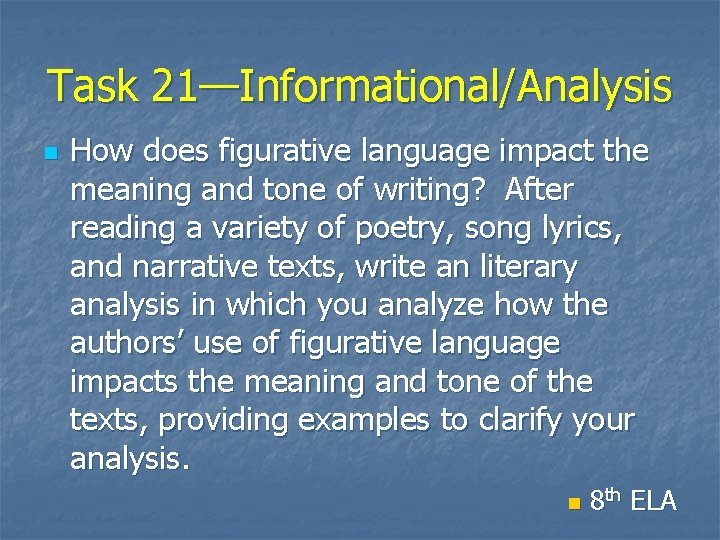 Task 21—Informational/Analysis n How does figurative language impact the meaning and tone of writing? Task 21—Informational/Analysis n How does figurative language impact the meaning and tone of writing?