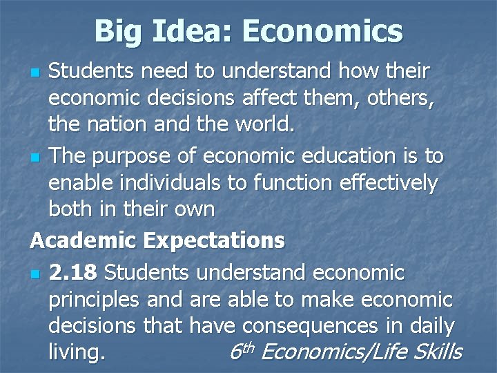 Big Idea: Economics Students need to understand how their economic decisions affect them, others, Big Idea: Economics Students need to understand how their economic decisions affect them, others,