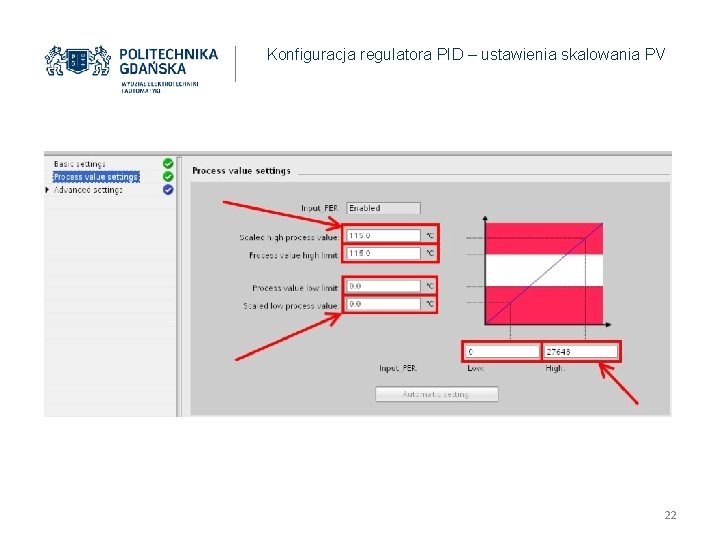 Konfiguracja regulatora PID – ustawienia skalowania PV 22 
