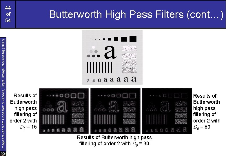Images taken from Gonzalez & Woods, Digital Image Processing (2002) 44 of 54 Butterworth Images taken from Gonzalez & Woods, Digital Image Processing (2002) 44 of 54 Butterworth