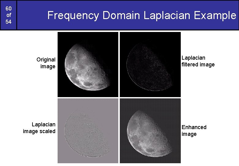 60 of 54 Frequency Domain Laplacian Example Original image Laplacian image scaled Laplacian filtered 60 of 54 Frequency Domain Laplacian Example Original image Laplacian image scaled Laplacian filtered