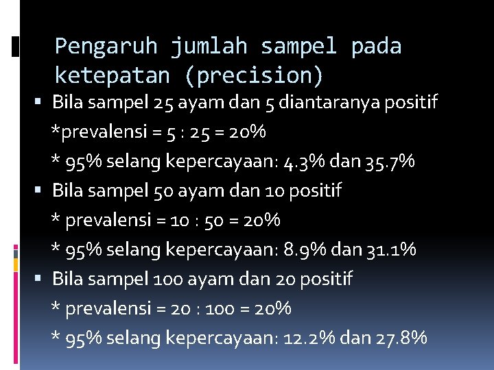 Pengaruh jumlah sampel pada ketepatan (precision) Bila sampel 25 ayam dan 5 diantaranya positif