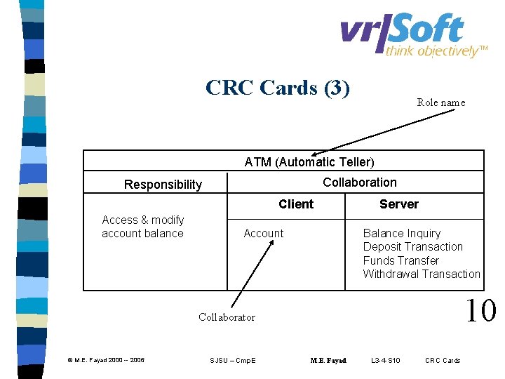 CRC Cards (3) Role name ATM (Automatic Teller) Collaboration Responsibility Client Access & modify