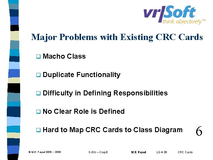 Major Problems with Existing CRC Cards q Macho Class q Duplicate Functionality q Difficulty