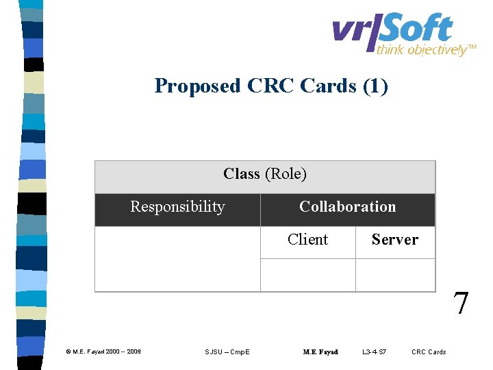 Proposed CRC Cards (1) Class (Role) Responsibility Collaboration Client Server 7 © M. E.