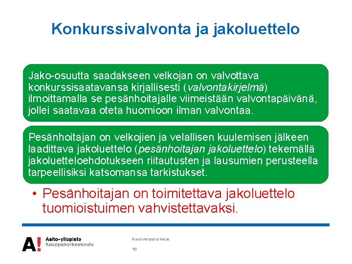 Konkurssivalvonta ja jakoluettelo Jako-osuutta saadakseen velkojan on valvottava konkurssisaatavansa kirjallisesti (valvontakirjelmä) ilmoittamalla se pesänhoitajalle