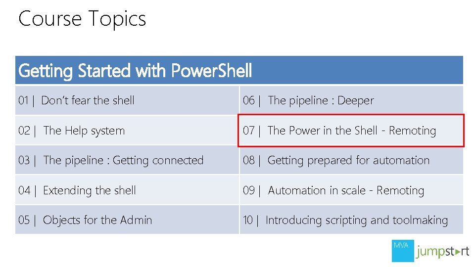 Course Topics Getting Started with Power. Shell 01 | Don’t fear the shell 06