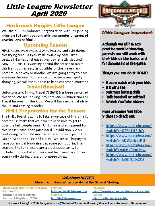 Little League Newsletter April 2020 Hasbrouck Heights Little League We are a 100% volunteer