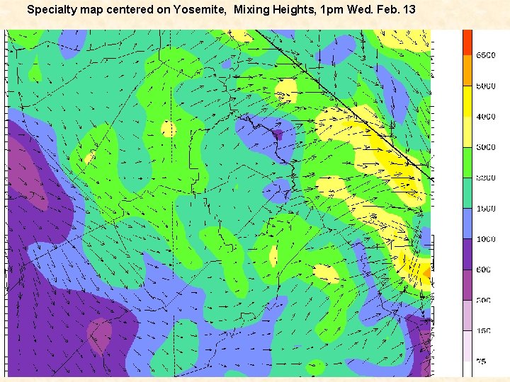 Specialty map centered on Yosemite, Mixing Heights, 1 pm Wed. Feb. 13 