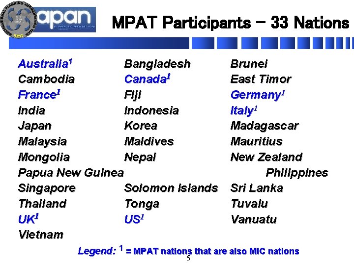 MPAT Participants – 33 Nations Australia 1 Bangladesh Cambodia Canada 1 France 1 Fiji