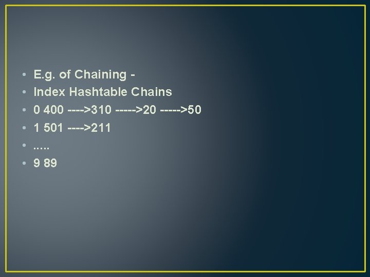  • • • E. g. of Chaining Index Hashtable Chains 0 400 ---->310