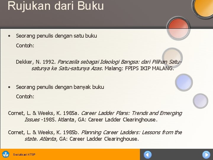 Rujukan dari Buku • Seorang penulis dengan satu buku Contoh: Dekker, N. 1992. Pancasila