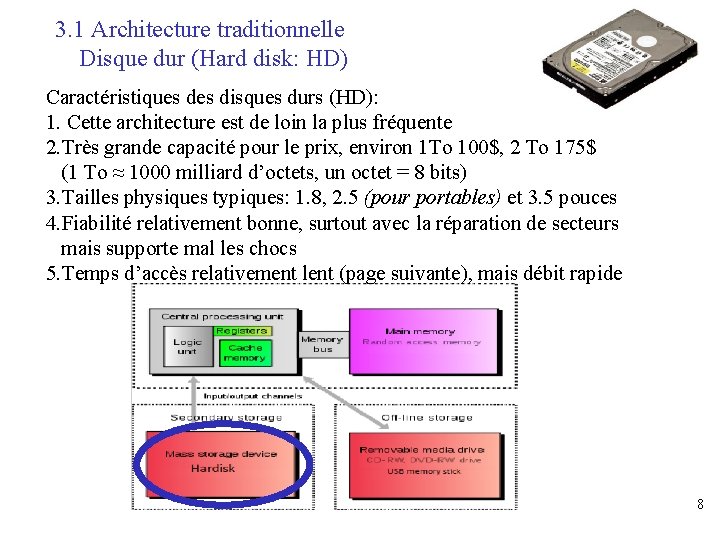 3. 1 Architecture traditionnelle Disque dur (Hard disk: HD) Caractéristiques disques durs (HD): 1.
