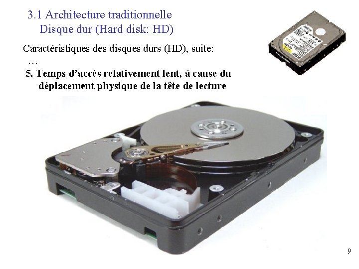 3. 1 Architecture traditionnelle Disque dur (Hard disk: HD) Caractéristiques disques durs (HD), suite: