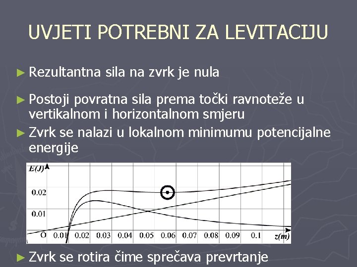 UVJETI POTREBNI ZA LEVITACIJU ► Rezultantna sila na zvrk je nula ► Postoji povratna