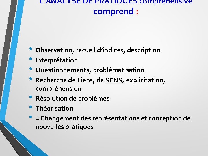 L’ANALYSE DE PRATIQUES compréhensive comprend : • Observation, recueil d’indices, description • Interprétation •